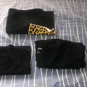 Bundled-3 Black T-Shirts with Leopard Print Accent, V-neck